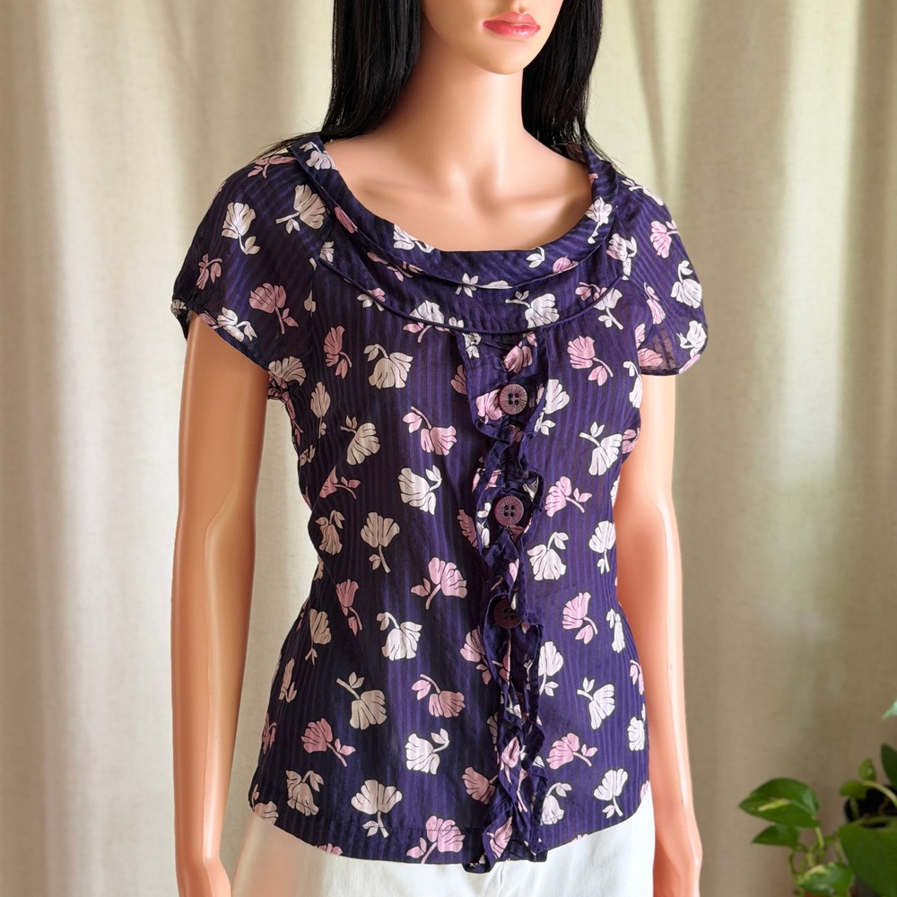 Edme & Esyllte Anthropologie Navy Floral Ruffle Cowl Neck Cotton Blouse 6